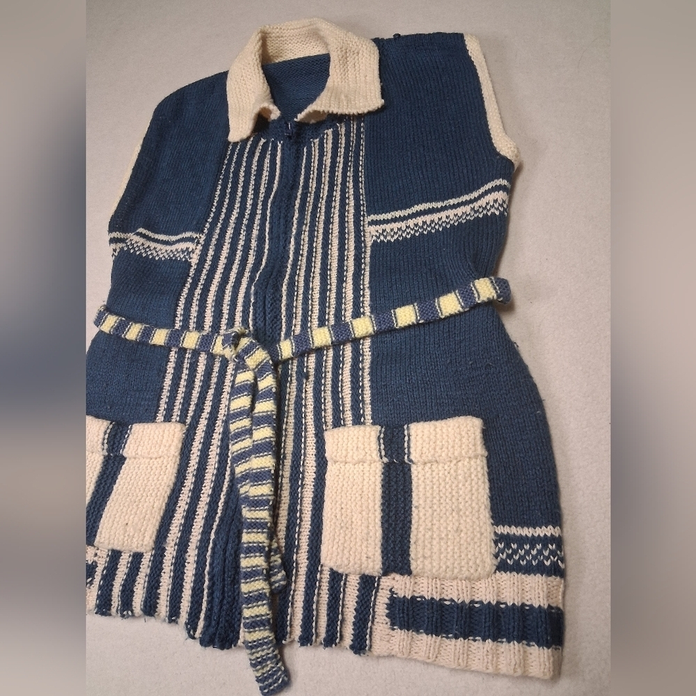 Vintage Handmade Zip Up Blue and Cream Knit Vest with Belt - Picture 2 of 9